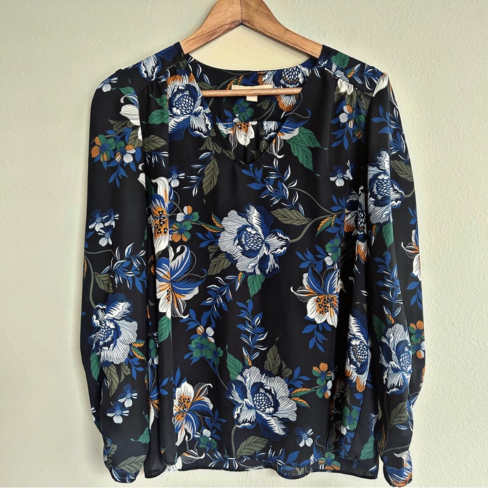 Hope & Harlow Floral Blouse XL Long Sleeve Top BotanicalPrint DarkFloral Office